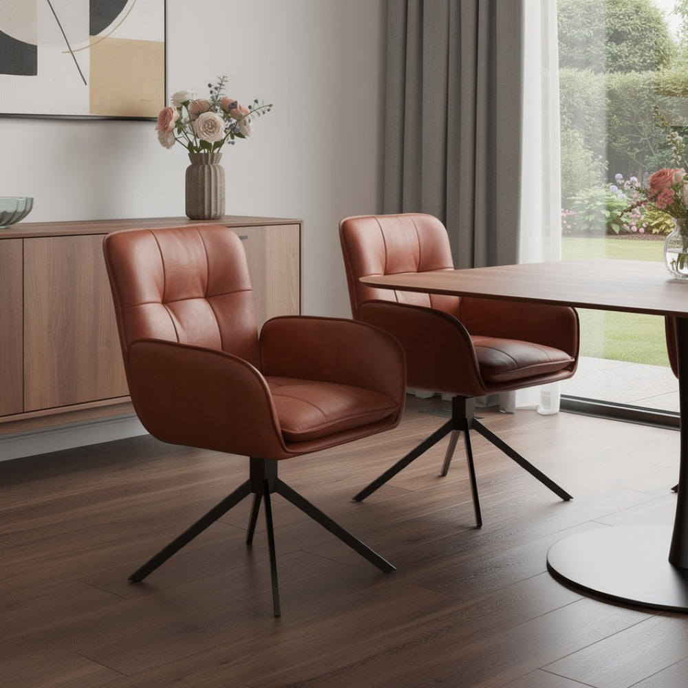HomeRoots Set of Two Stylish Mid-Century Faux Leather Dining Arm Chairs with Swivel Function and Support 716264