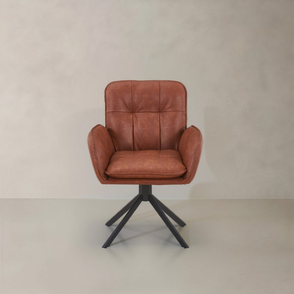 HomeRoots Set of Two Stylish Mid-Century Faux Leather Dining Arm Chairs with Swivel Function and Support 716264
