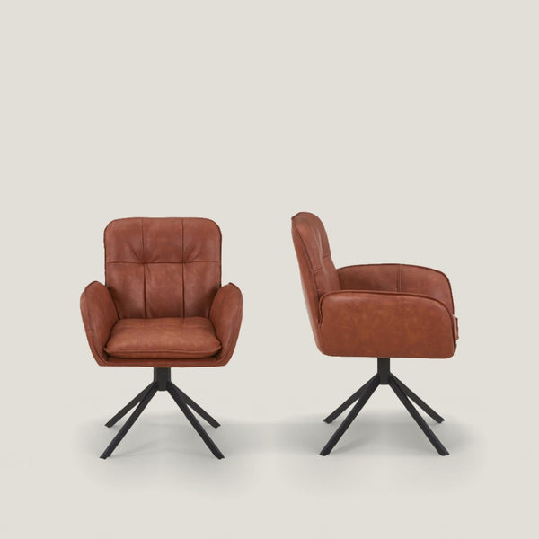 HomeRoots Set of Two Stylish Mid-Century Faux Leather Dining Arm Chairs with Swivel Function and Support 716264