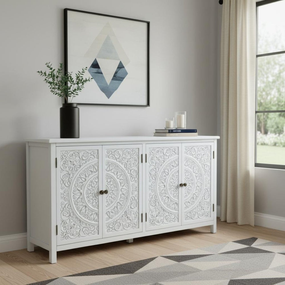 HomeRoots 32" Chic White and Gold Wood Accent Cabinet with Two Doors - Stylish Storage for Any Room 716314