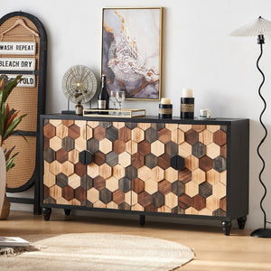 HomeRoots 59" Black Wood Accent Cabinet – Modern Storage Solution with Four Doors for Stylish Home Organization 716316