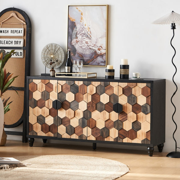 HomeRoots 59" Black Wood Accent Cabinet – Modern Storage Solution with Four Doors for Stylish Home Organization 716316