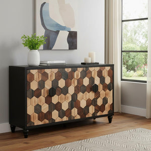 HomeRoots 59" Black Wood Accent Cabinet – Modern Storage Solution with Four Doors for Stylish Home Organization 716316