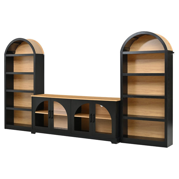 English Elm 3-piece Farmhouse Entertainment Center with Arched Glass Doors and Open Tower Shelving Black N721S000070B