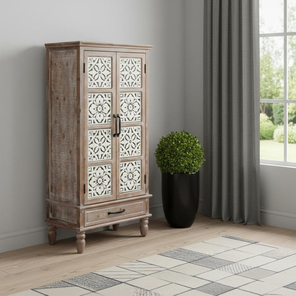 HomeRoots 27" White Wood Accent Cabinet - Stylish Storage Solution with Doors & Drawers for Modern Homes 716324