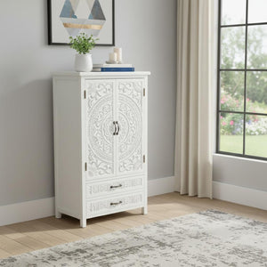 HomeRoots 55" Brown Solid Wood Carved American Flag Cabinet - Three Doors, Two Drawers, Rustic Accent Storage 716325