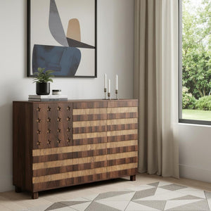 HomeRoots 43" Elegant Brown Wood Paneled Accent Cabinet with Hidden Storage, Drawers & Versatile Design 716326