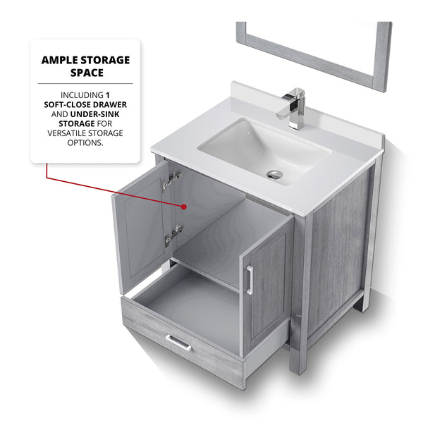 English Elm Distressed Grey Bath Vanity with White Quartz Top, Faucet & 28" Mirror — Durable Scratch-Resistant Surface B2731S01253
