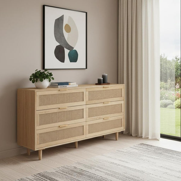 HomeRoots 59" White Wood Accent Cabinet - Stylish Storage Solution with 6 Drawers for Modern Home Décor 716336