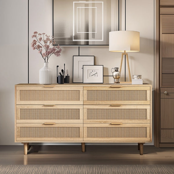 HomeRoots 59" White Wood Accent Cabinet - Stylish Storage Solution with 6 Drawers for Modern Home Décor 716336