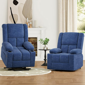 HomeRoots 32" Brown Heated Massage Lift Assist Recliner with USB, Cup Holders & Side Storage for Comfort 716339