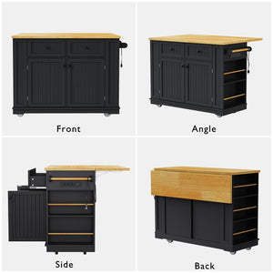 English Elm K&K 48in Kitchen Island Set with 2 Stools, Built-In Power Station, Drop Leaf & Ample Storage Space Black N707S000015B