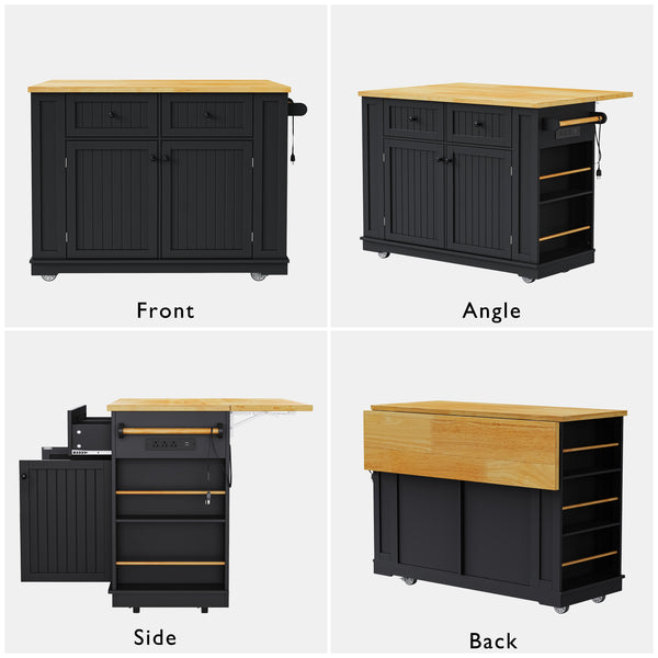 English Elm K&K 48in Kitchen Island Set with 2 Stools, Built-In Power Station, Drop Leaf & Ample Storage Space Black N707S000015B
