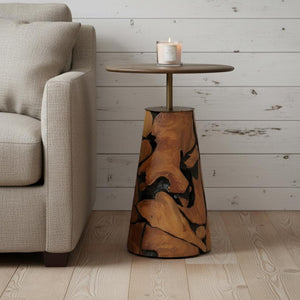 HomeRoots 24" Rustic Reclaimed Wood Round Pedestal End Table with Live Edge - Unique Smoky Black Accent Piece 716346