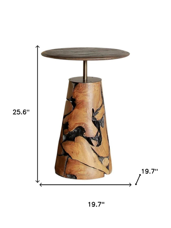 HomeRoots 24" Rustic Reclaimed Wood Round Pedestal End Table with Live Edge - Unique Smoky Black Accent Piece 716346