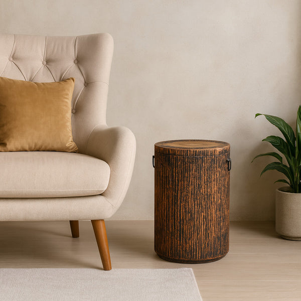 24" Reclaimed Wood Round Drum End Table - Artisanal Smoky Black Accent for Rustic Living Spaces