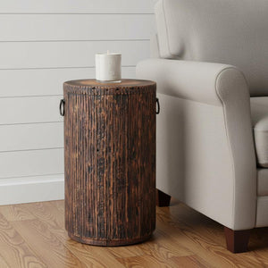24" Reclaimed Wood Round Drum End Table - Artisanal Smoky Black Accent for Rustic Living Spaces