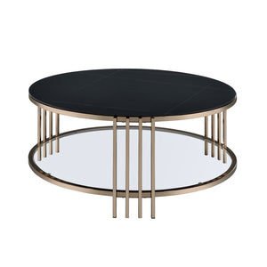 HomeRoots 35" Modern Round Coffee Table with White Sintered Stone Top & Champagne Steel Frame for Stylish Spaces 716357