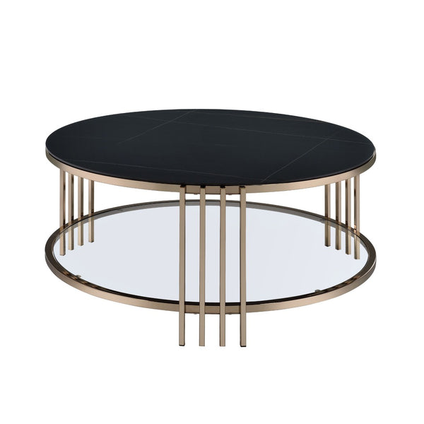 HomeRoots 35" Modern Round Coffee Table with White Sintered Stone Top & Champagne Steel Frame for Stylish Spaces 716357
