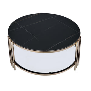 HomeRoots 35" Modern Round Coffee Table with White Sintered Stone Top & Champagne Steel Frame for Stylish Spaces 716357