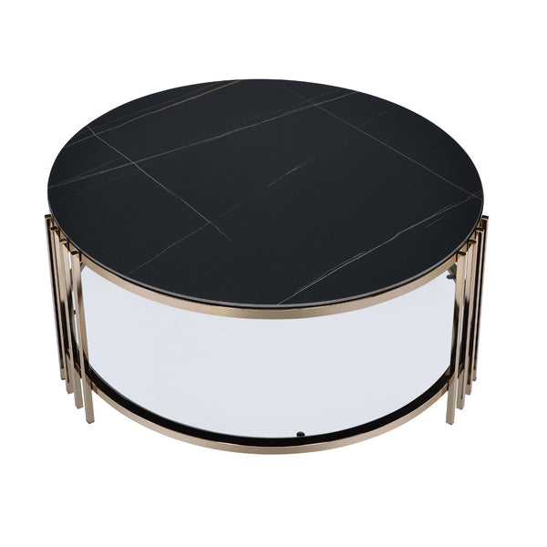 HomeRoots 35" Modern Round Coffee Table with White Sintered Stone Top & Champagne Steel Frame for Stylish Spaces 716357