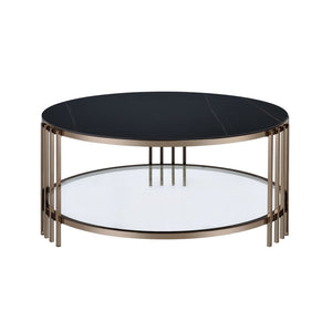 HomeRoots 35" Modern Round Coffee Table with White Sintered Stone Top & Champagne Steel Frame for Stylish Spaces 716357