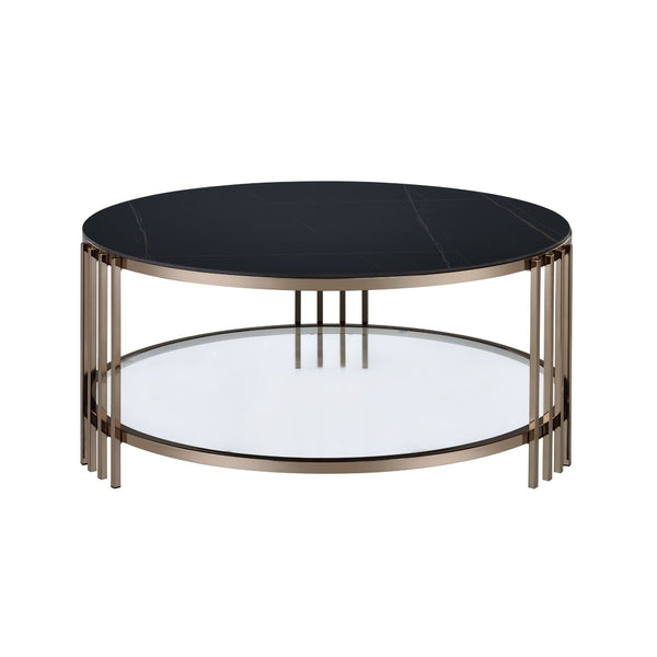 HomeRoots 35" Modern Round Coffee Table with White Sintered Stone Top & Champagne Steel Frame for Stylish Spaces 716357