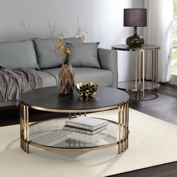 HomeRoots 35" Modern Round Coffee Table with White Sintered Stone Top & Champagne Steel Frame for Stylish Spaces 716357