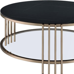 HomeRoots 35" Modern Round Coffee Table with White Sintered Stone Top & Champagne Steel Frame for Stylish Spaces 716357