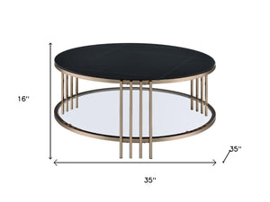 HomeRoots 35" Modern Round Coffee Table with White Sintered Stone Top & Champagne Steel Frame for Stylish Spaces 716357