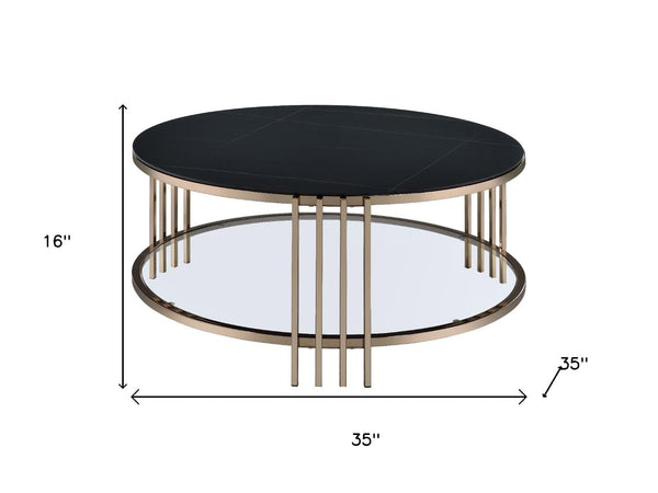 HomeRoots 35" Modern Round Coffee Table with White Sintered Stone Top & Champagne Steel Frame for Stylish Spaces 716357