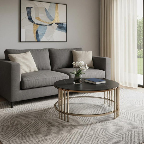 HomeRoots 35" Modern Round Coffee Table with White Sintered Stone Top & Champagne Steel Frame for Stylish Spaces 716357