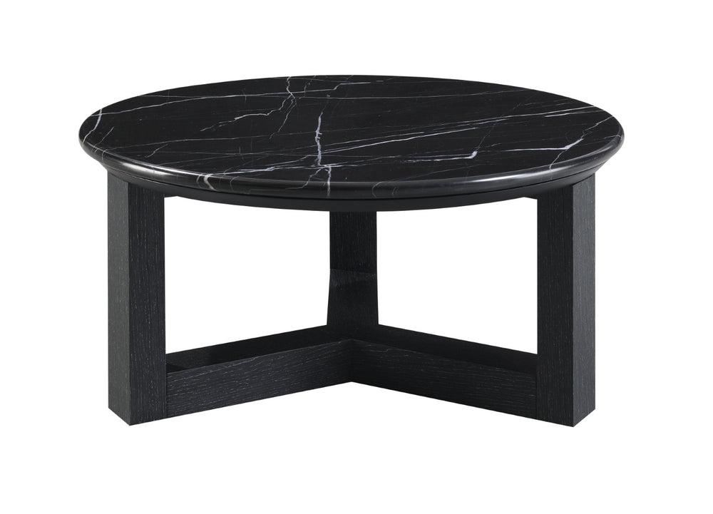 HomeRoots 40" Round Coffee Table with Natural Stone Top and Oak Wood Base – Rustic Elegance for Any Space 716359