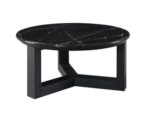 HomeRoots 40" Round Coffee Table with Natural Stone Top and Oak Wood Base – Rustic Elegance for Any Space 716359