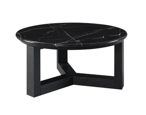 32" Black Genuine Marble Coffee Table with Wood Cross Legs - Chic Modern Design for Any Space