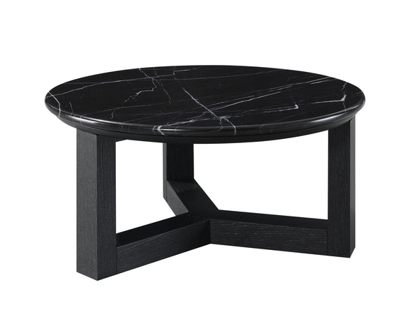 32" Black Genuine Marble Coffee Table with Wood Cross Legs - Chic Modern Design for Any Space
