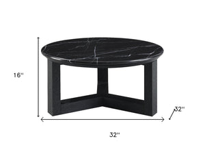 32" Black Genuine Marble Coffee Table with Wood Cross Legs - Chic Modern Design for Any Space