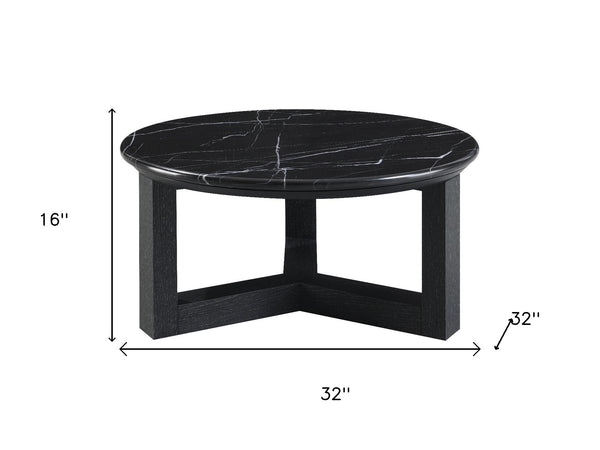 32" Black Genuine Marble Coffee Table with Wood Cross Legs - Chic Modern Design for Any Space