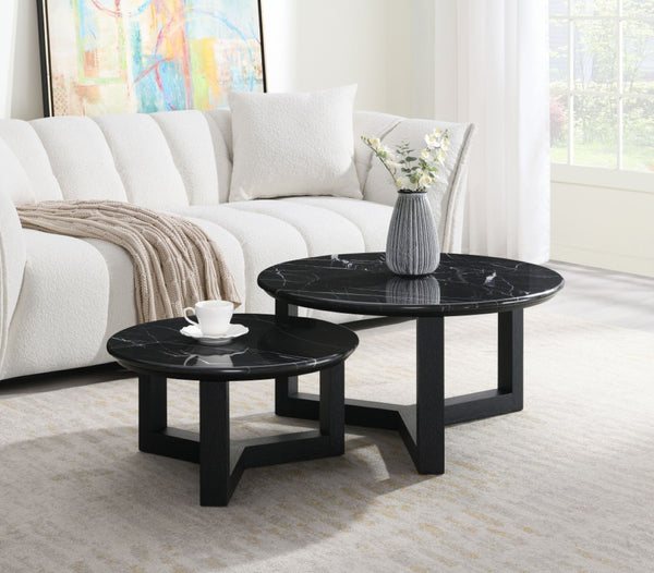 HomeRoots 40" Round Coffee Table with Natural Stone Top and Oak Wood Base – Rustic Elegance for Any Space 716359