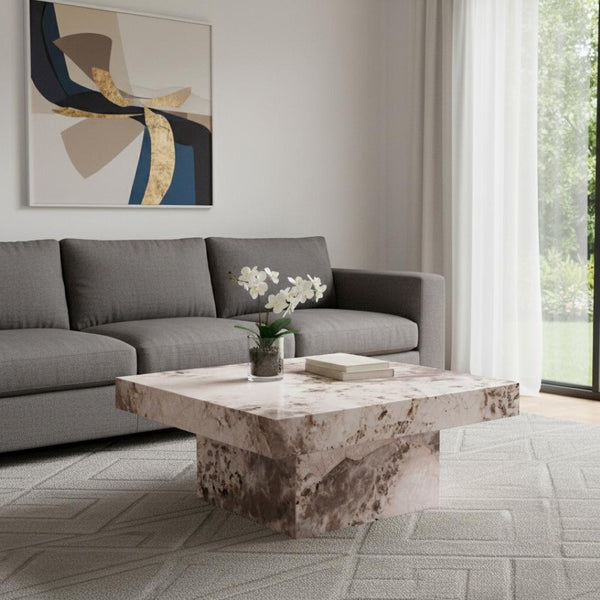 HomeRoots 35" Contemporary White Faux Marble & Black Steel Round Pedestal Coffee Table for Stylish Spaces 716365