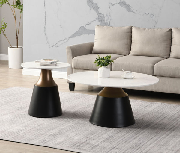HomeRoots 40" White Faux Marble Round Pedestal Coffee Table - Chic Modern Design for Living Rooms & Offices 716366