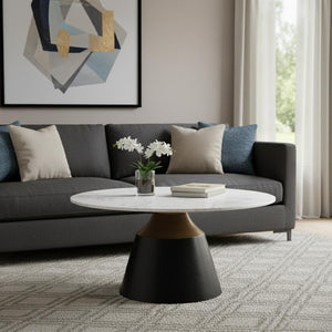 HomeRoots 40" White Faux Marble Round Pedestal Coffee Table - Chic Modern Design for Living Rooms & Offices 716366