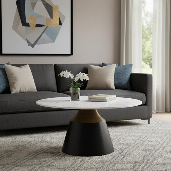 HomeRoots 40" White Faux Marble Round Pedestal Coffee Table - Chic Modern Design for Living Rooms & Offices 716366
