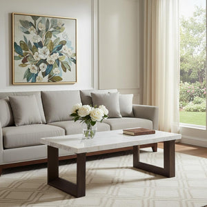 HomeRoots 47" Oval Coffee Table - Elegant Natural Marble & Rich Wood Design, Perfect for Living Spaces & Offices 716370