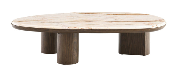 HomeRoots 43" Elegant Natural Marble and Brown Wood Oval Coffee Table - Timeless Centerpiece for Any Room 716371