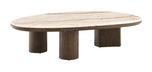 HomeRoots 43" Elegant Natural Marble and Brown Wood Oval Coffee Table - Timeless Centerpiece for Any Room 716371