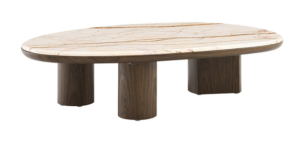 HomeRoots 43" Elegant Natural Marble and Brown Wood Oval Coffee Table - Timeless Centerpiece for Any Room 716371