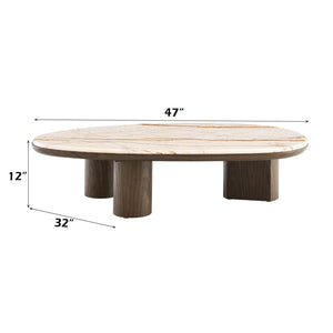 HomeRoots 43" Elegant Natural Marble and Brown Wood Oval Coffee Table - Timeless Centerpiece for Any Room 716371