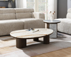 HomeRoots 43" Elegant Natural Marble and Brown Wood Oval Coffee Table - Timeless Centerpiece for Any Room 716371