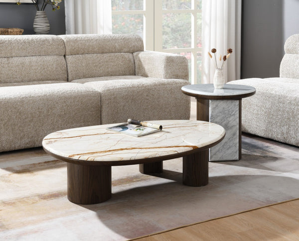 HomeRoots 43" Elegant Natural Marble and Brown Wood Oval Coffee Table - Timeless Centerpiece for Any Room 716371